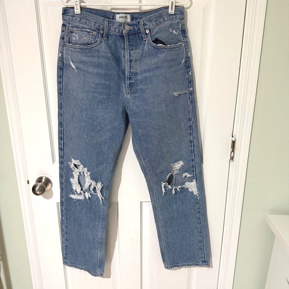 AGOLDE Women 28 Distressed High Rise Straight Leg Jeans Blue Denim Button Fly